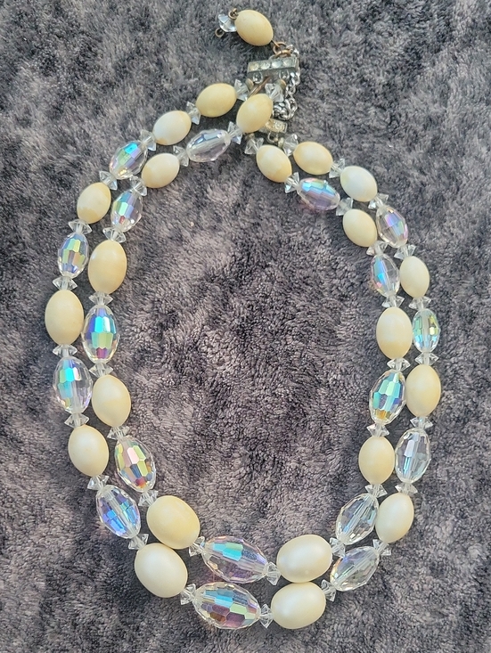 Vintage Jewelry - Vtg 2 Strand AB Crystal and Faux Pearl Choker